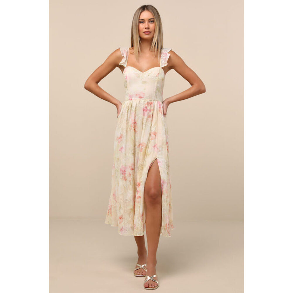 Lulus Miara Cream And Pink Floral Embroidered Ruffled Midi Dress White - Size L